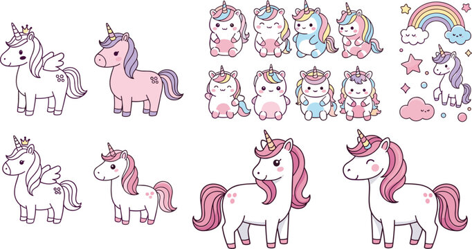 Cute unicorn characters collection with pastel rainbow elements, kawaii fantasy ponies vector set