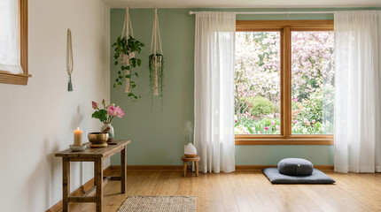 Fototapeta premium Peaceful meditation room with garden views and flowers, spring zoom background