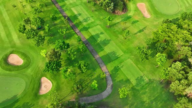 Top-down drone shot of a vibrant golf course featuring manicured fairways, curved cart paths, and natural tree shadows, reflecting green recreation trends and environmental balance in today&rsquo;s world.
