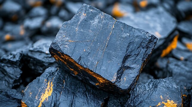 Close up of raw coal chunks with golden streaks, ready for industrial use.