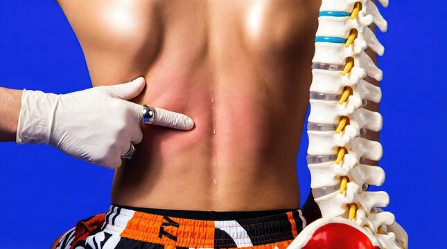 Medical professional examining sweaty bare back beside anatomical spine