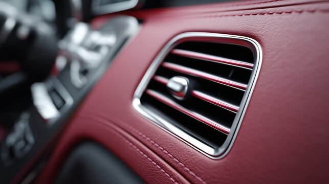 Close-up of car air vent with red leather interior, showcasing luxury automotive design, texture detail, and modern vehicle comfort features.