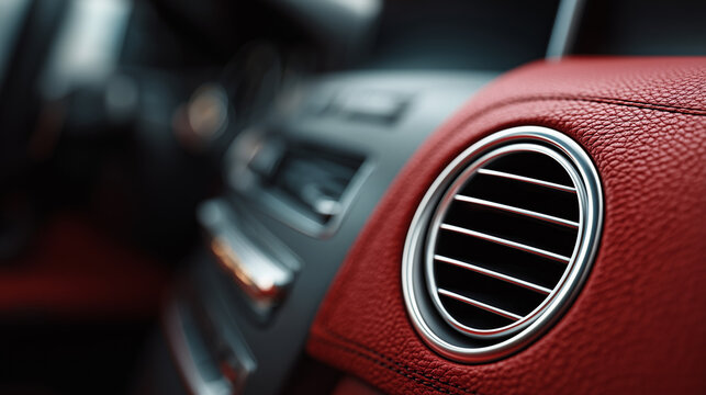 Close-up of car air vent with red leather interior, showcasing luxury automotive design, texture detail, and modern vehicle comfort features.