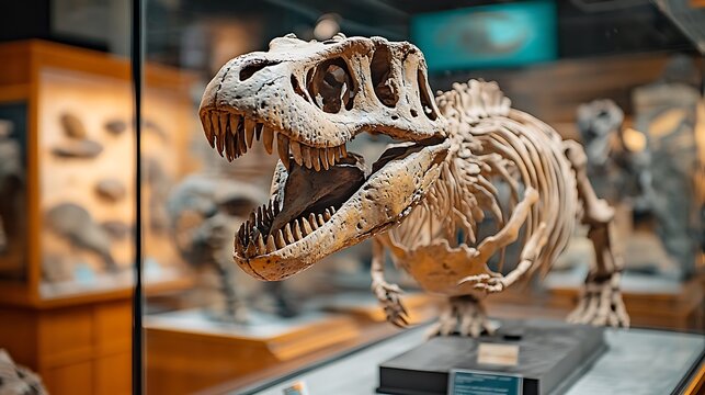 Close-up of a Tyrannosaurus Rex skeleton on display in a museum, showcasing its powerful jaws and intricate bone structure.