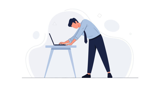 Man bending over laptop at desk, bad posture, office work, illustration