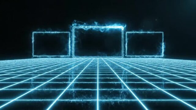 Futuristic neon grid with glowing blue frames and smoke effects.