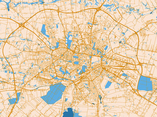 Naklejka premium Minimal city map of Lublin, Poland with golden linework with blue water