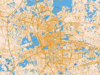 Fototapeta premium Urban map poster of Lodz, Poland with warm cream background with golden road lines and bright blue water in a clean flat cartographic style