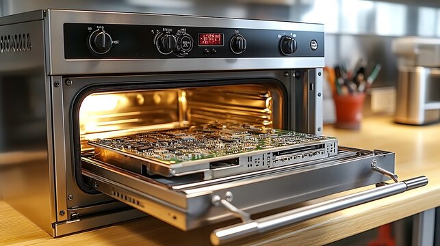 Computer graphics card being baked in an oven for repair, a common DIY fix for failing GPUs.