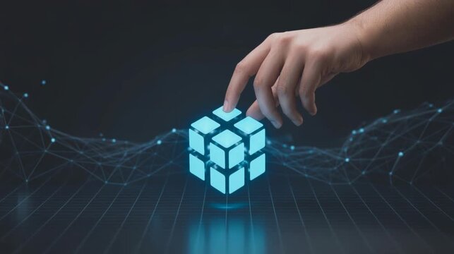 Hand swiping through blockchain cube hologram icon minimal digital particles 