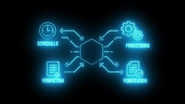 Neon blue glowing icon of a magnifying glass surrounded by connected text boxes and a checkmark on a black background with a futuristic and technological mood.