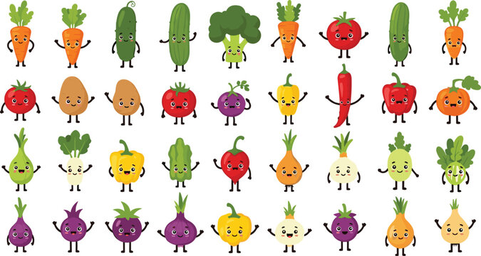 Cute vegetable characters collection with funny faces and different poses, cartoon healthy food mascots set for kids illustration, stickers and playful vector design