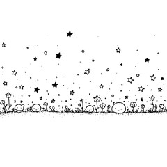 Obraz premium Whimsical black and white illustration of stars and flowers in a magical night sky with a dreamy atmosphere and a field of grass and plants