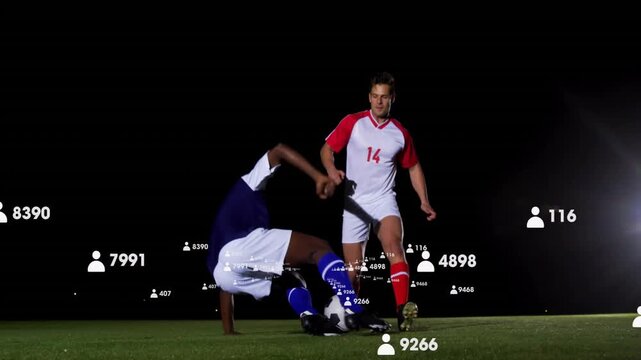 #14 white evading blue defender sliding tackle, keeping ball helping rival with overlays for sports