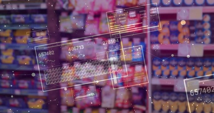 Data overlays appearing, HUD panels shifting across blurred shop shelves in aisle, updating numbers
