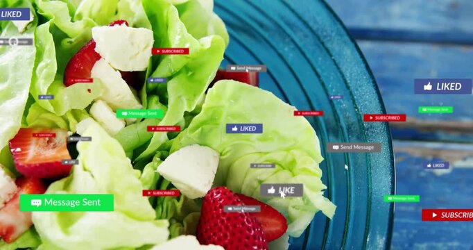 Starting LIKE badge popping near blue bowl rim, animated badges swarming on lettuce and berries