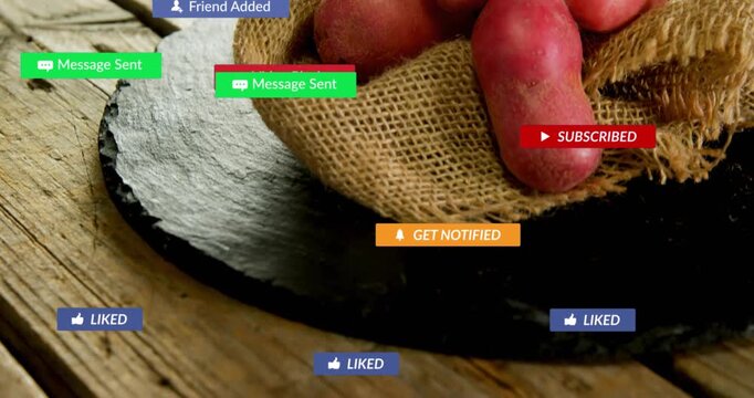 Cursor hovering near slate platter, starting badges stacking around red potatoes for food marketing