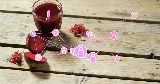 Pink network appearing over wood slats, nodes growing and linking glass, halved root for tech demo