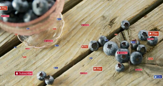 UI badges appearing and drifting while clear glass sliding in, drawing focus to packed blueberries