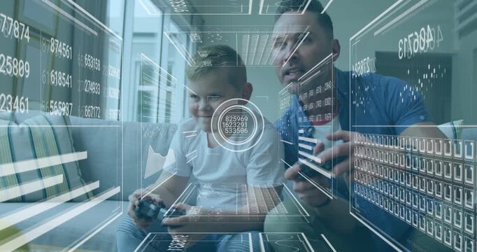 Father and son pressing controllers, playing on sofa, HUD pulsing reticle guiding game and coaching