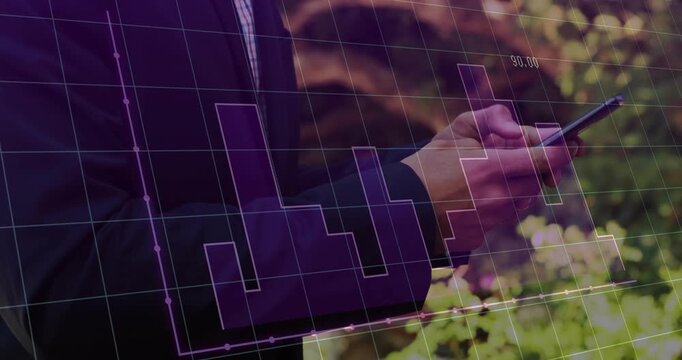 Man holding smartphone, tapping and swiping, causing purple grid and step graph rising for finance