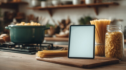 Fototapeta premium Tablet with blank screen on kitchen counter near pasta ingredients and pot, cooking and recipe app mockup, modern home culinary lifestyle concept.