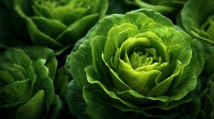 Fototapeta premium A vibrant green lettuce plant with lush leaves growing in a garden bed surrounded by other similar plants.