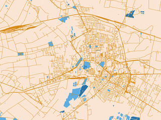Naklejka premium City map of Zamosc, Poland — light cream city field with mustard-gold linework and vivid blue lakes, rivers and waterways