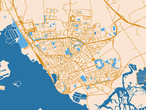 Street network map of Faro, Portugal, golden linework with blue water