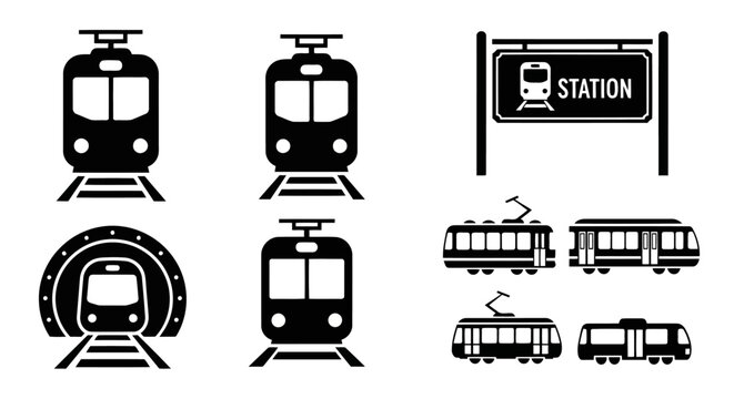 A collection of black and white vector icons representing various trains and station signage design