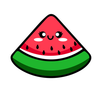 A cute cartoon watermelon slice with a smiling face on a white background