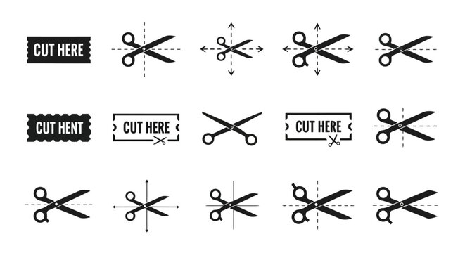 A collection of black and white vector icons featuring scissors and cut here text instructions