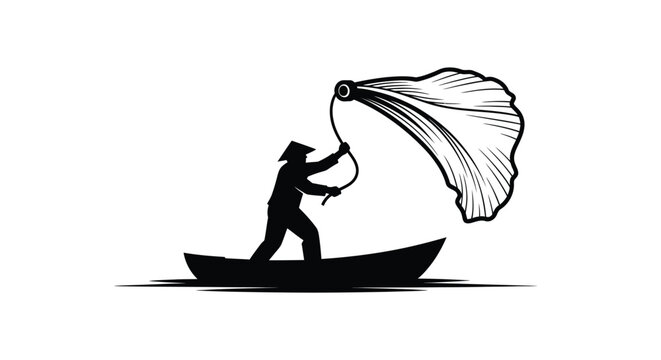 A fisherman on a boat with a net distinctive silhouette