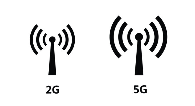Two cellular tower icons representing 2g and 5g technology silhouette