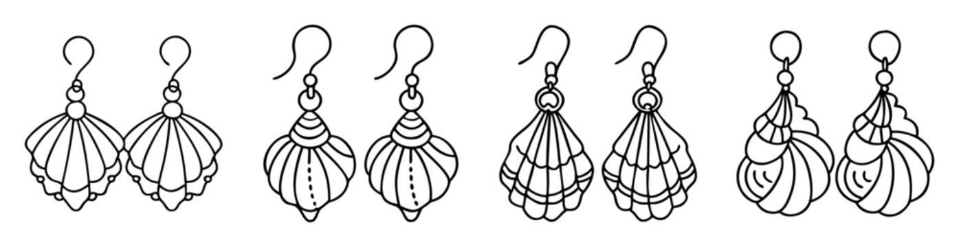 Line art designs of ornate hanging earrings jewelry pairs sketches