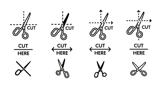 A collection of black and white cut here icons featuring various scissor positions and indicators