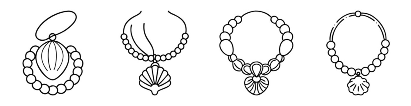 Line art drawing of various types of beaded necklaces with pendants