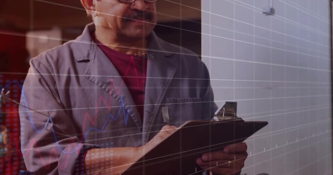 Tech tapping clipboard while camera pulling back showing grid and graph across scene for inspection