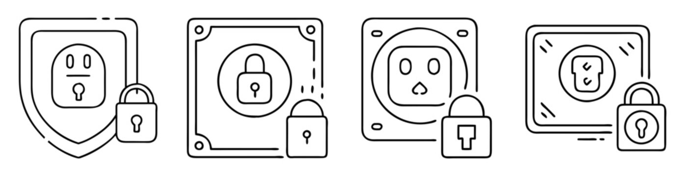 Various electrical outlets and wall sockets secured with padlocks illustrations