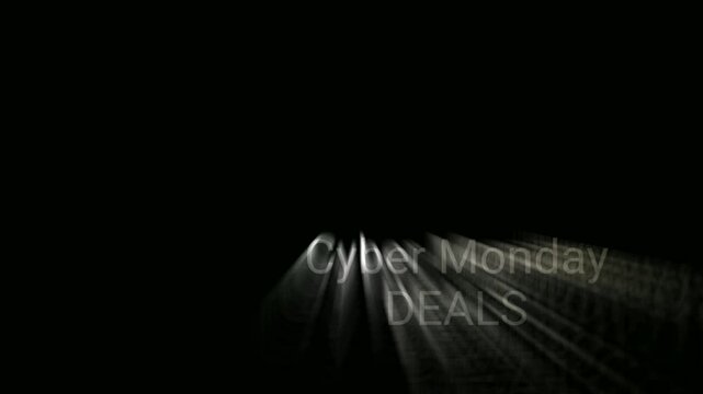 Animated text title Cyber Monday DEALS on a black background. This file can be used as a title card or promotional opener for a digital sales event video.