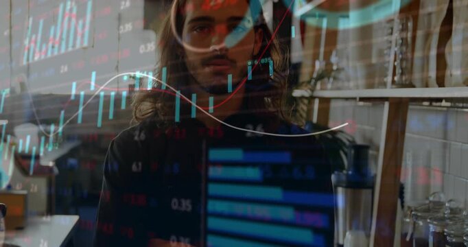 Man standing in cafe, finance charts shifting, uncrossing arms, revealing face and showing trends