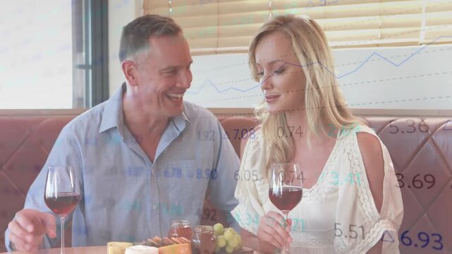 Pair in cafe booth man leaning and pointing, sparking sampling platter and toasting charts overlay