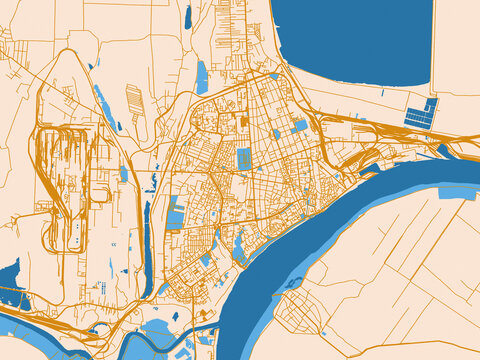 Street network map of Galati, Romania, cream map with golden roads