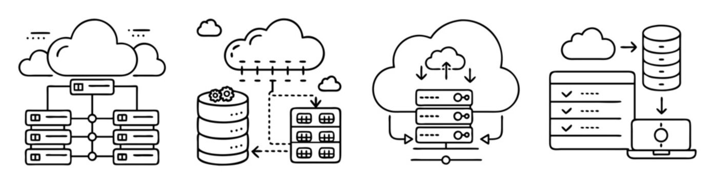 Cloud computing infrastructure and data management services diagram in black and white