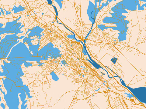 City map poster of Pitesti, Romania &ndash; gold and blue map palette