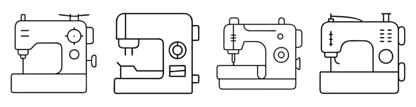 Simple line drawing illustration of four different vintage sewing machines