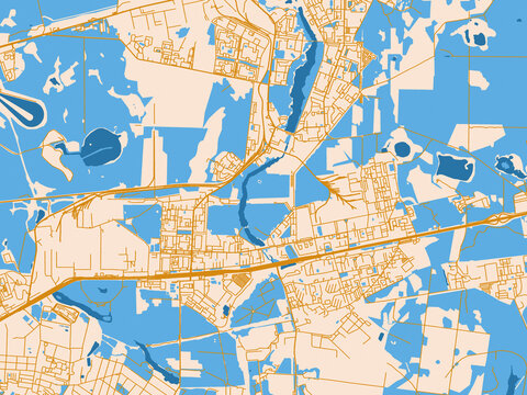 Street map of Balashikha, Russian Federation in golden linework with blue water