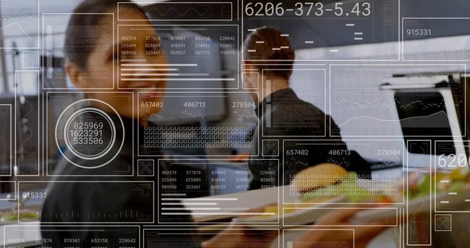Server taking plates from cook inspecting smiling and carrying meals while HUD monitoring kitchen