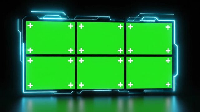 Futuristic digital display with six green screens and blue neon lights.