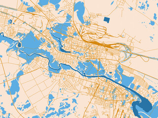 Fototapeta premium Minimal city map of Kamensk-Uralskiy, Russian Federation with gold and blue map palette